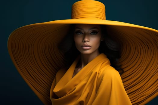 Portrait of a chic African-American woman in a stylish yellow dress and a huge yellow hat. High quality photo