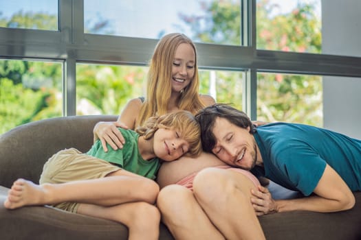 Expectant parents, mom, dad, and their eldest son share a heartwarming moment on the sofa, discussing the exciting journey of pregnancy.