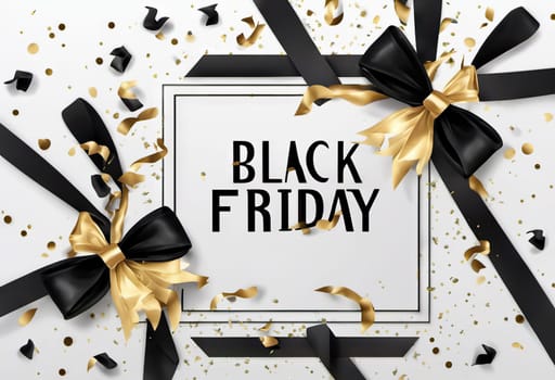 black bow with golden confetti on the background, the concept of gifts of holidays and sales, black friday