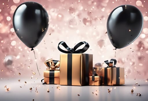 gift box with balloons on background with confetti. suitable for any holiday. Black Friday sales and discounts