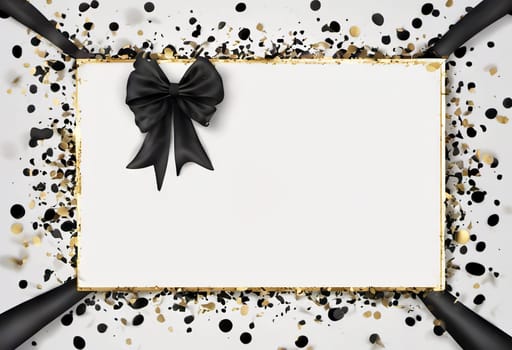 black bow with golden confetti on the background, the concept of gifts of holidays and sales, black friday