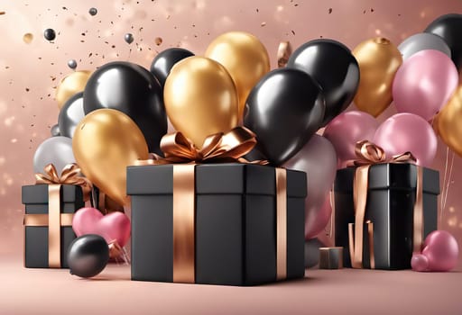 present box and balloons on background. suitable for any holiday. Black Friday sales and discounts