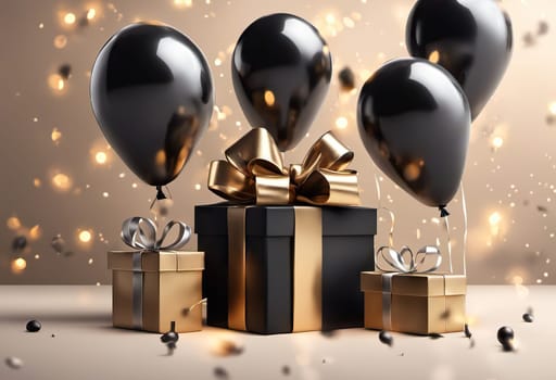 gift box with balloons, birthday concert or black friday discounts