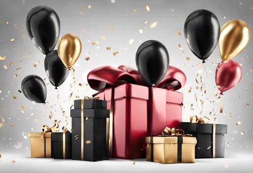 boxes with gifts and balloons and confetti on background, festive concept for birthday or black friday discounts