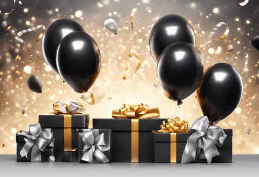 present box and balloons on background. suitable for any holiday. Black Friday sales and discounts