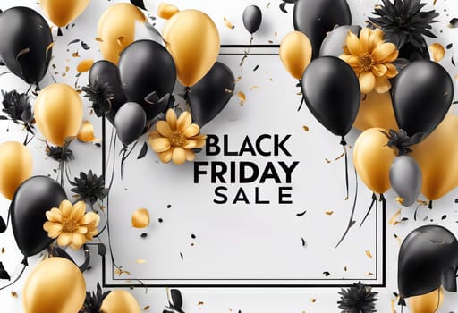 balloons and flowers with confetti on background, concept gifts holidays and sales, black friday