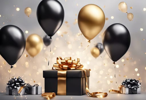 present box and balloons on background. suitable for any holiday. Black Friday sales and discounts