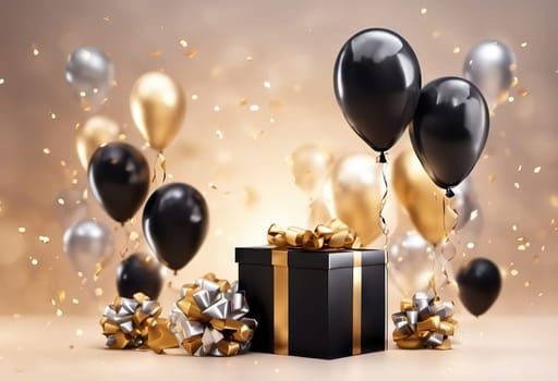 gift box with balloons, birthday concert or black friday discounts