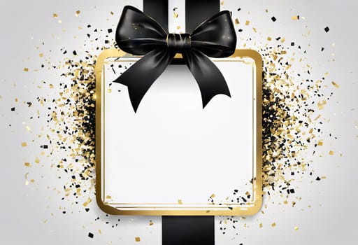 black bow with golden confetti on the background, the concept of gifts of holidays and sales, black friday