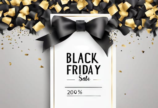 black bow with golden confetti on the background, the concept of gifts of holidays and sales, black friday