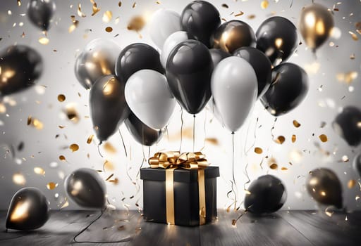 gift box with balloons on background with confetti. suitable for any holiday. Black Friday sales and discounts