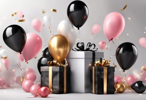 gift box with balloons, birthday concert or black friday discounts