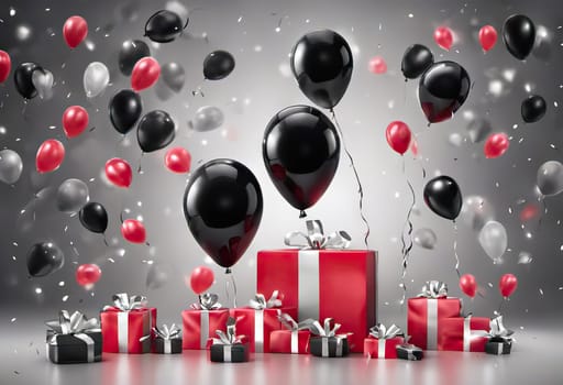 boxes with gifts and balloons and confetti on background, festive concept for birthday or black friday discounts