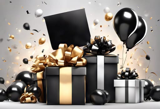 gift box with balloons, birthday concert or black friday discounts