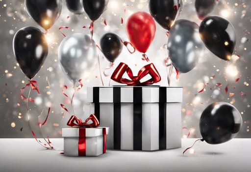 present box and balloons on background. suitable for any holiday. Black Friday sales and discounts