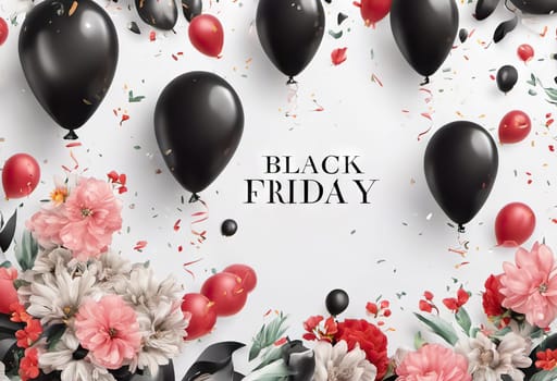 balloons and flowers with confetti on background, concept gifts holidays and sales, black friday