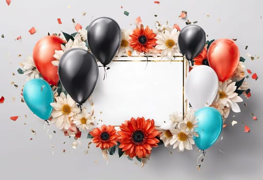 balloons and flowers with confetti on background, concept gifts holidays and sales, black friday