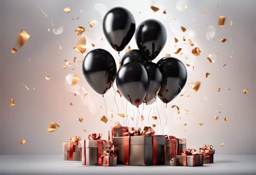 boxes with gifts and balloons and confetti on background, festive concept for birthday or black friday discounts