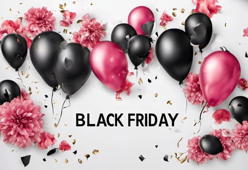 balloons and flowers with confetti on background, concept gifts holidays and sales, black friday