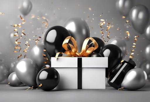 gift box with balloons, birthday concert or black friday discounts