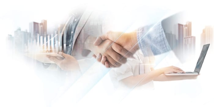 Businessman handshake of business partner success of investment deal. Working concept. Business strategy. Data analysis financial Technology connection.