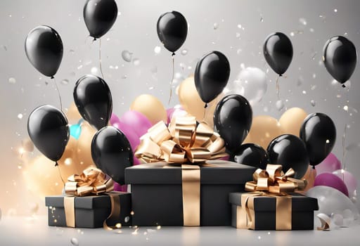 present box and balloons on background. suitable for any holiday. Black Friday sales and discounts