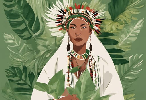 Indigenous Peoples Day illustration on green leaves background. High quality photo