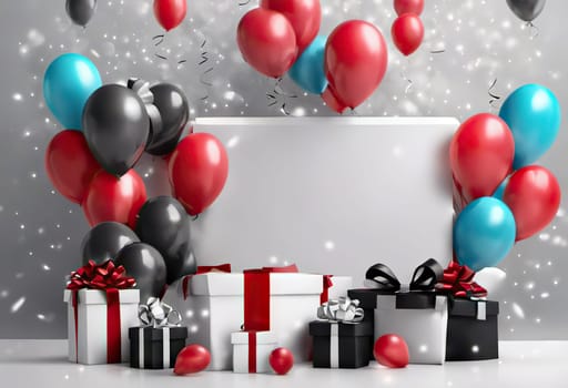 gift box with balloons, birthday concert or black friday discounts