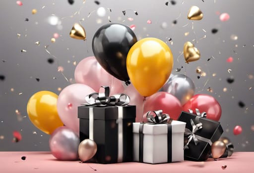 present box and balloons on background. suitable for any holiday. Black Friday sales and discounts