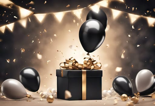 boxes with gifts and balloons and confetti on background, festive concept for birthday or black friday discounts