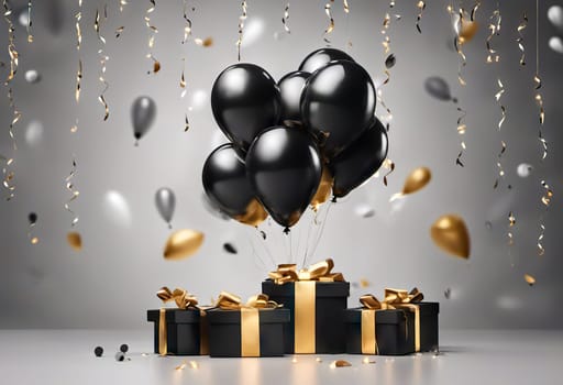 gift box with balloons on background with confetti. suitable for any holiday. Black Friday sales and discounts