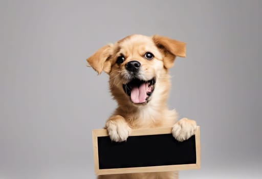 Funny puppy with banner for your advertising, mockup, concept of discounts and sales, on light background