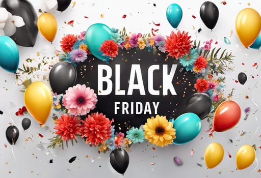 balloons and flowers with confetti on background, concept gifts holidays and sales, black friday