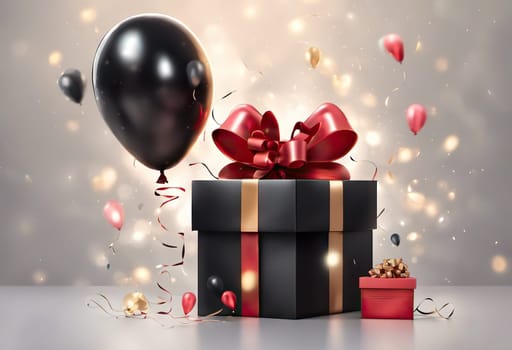 boxes with gifts and balloons and confetti on background, festive concept for birthday or black friday discounts