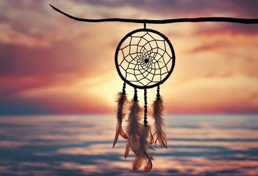 Dreamcatcher sunset sky, boho chic, ethnic amulet symbol Indigenous Peoples Day and Native Americans Day