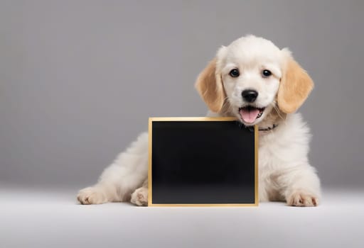 Funny puppy with banner for your advertising, mockup, concept of discounts and sales, on light background