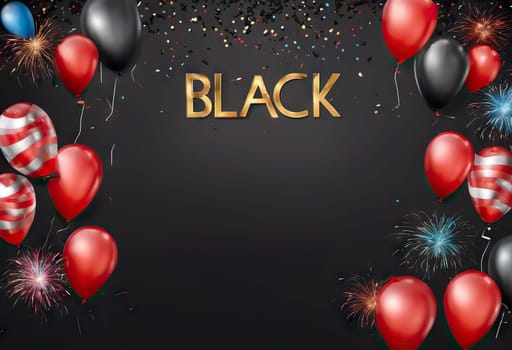 balloons and fireworks on the background, slinger conception, Sale and discount time, black friday