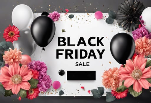 balloons and flowers with confetti on background, concept gifts holidays and sales, black friday