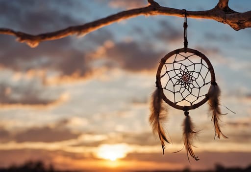 Dreamcatcher sunset sky, boho chic, ethnic amulet symbol Indigenous Peoples Day and Native Americans Day