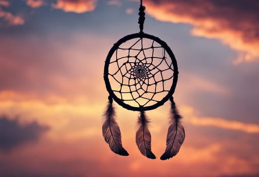 Dreamcatcher sunset sky, boho chic, ethnic amulet symbol Indigenous Peoples Day and Native Americans Day