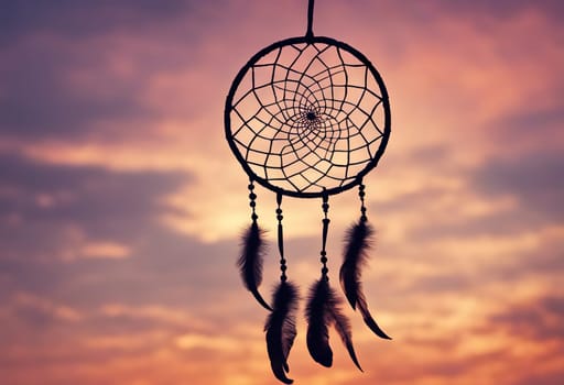 Dreamcatcher sunset sky, boho chic, ethnic amulet symbol Indigenous Peoples Day and Native Americans Day