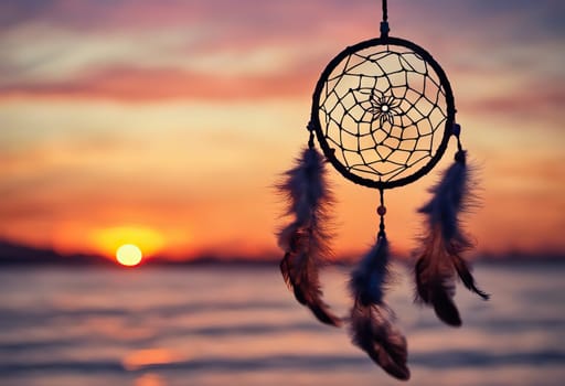 Dreamcatcher sunset sky, boho chic, ethnic amulet symbol Indigenous Peoples Day and Native Americans Day