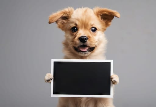 Funny puppy with banner for your advertising, mockup, concept of discounts and sales, on light background