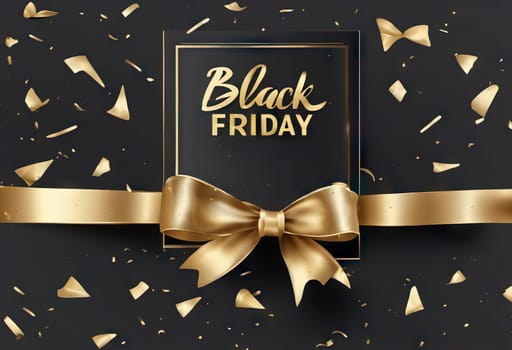 black bow with golden confetti on the background, the concept of gifts of holidays and sales, black friday