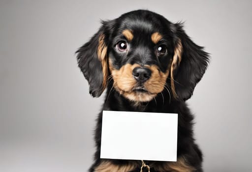 Funny puppy with banner for your advertising, mockup, concept of discounts and sales, on light background