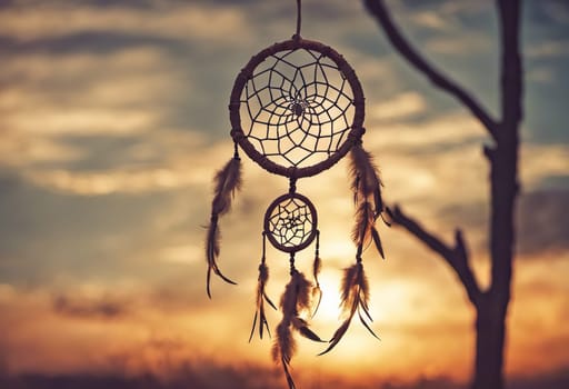 Dreamcatcher sunset sky, boho chic, ethnic amulet symbol Indigenous Peoples Day and Native Americans Day