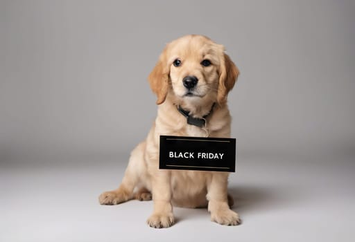 Funny puppy with banner with text sale for your advertising, mockup, concept of discounts and sales, on a light background