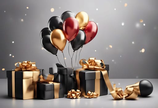 present box and balloons on background. suitable for any holiday. Black Friday sales and discounts