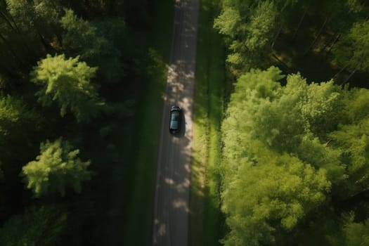 Aerial shot of a red car driving on a forest road, surrounded by a lush green forest. Drone view of travel and exploration concept from above. is AI Generative.