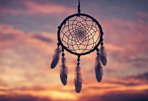 Dreamcatcher sunset sky, boho chic, ethnic amulet symbol Indigenous Peoples Day and Native Americans Day